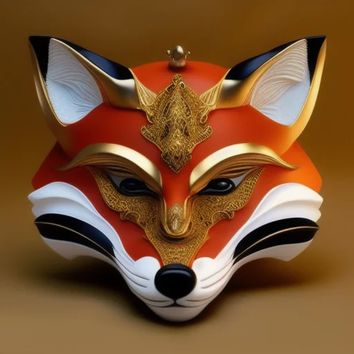 801670783-3D realistic 8K kabuki mask of a fox Japanese deity with gold ornement ruban in color.webp